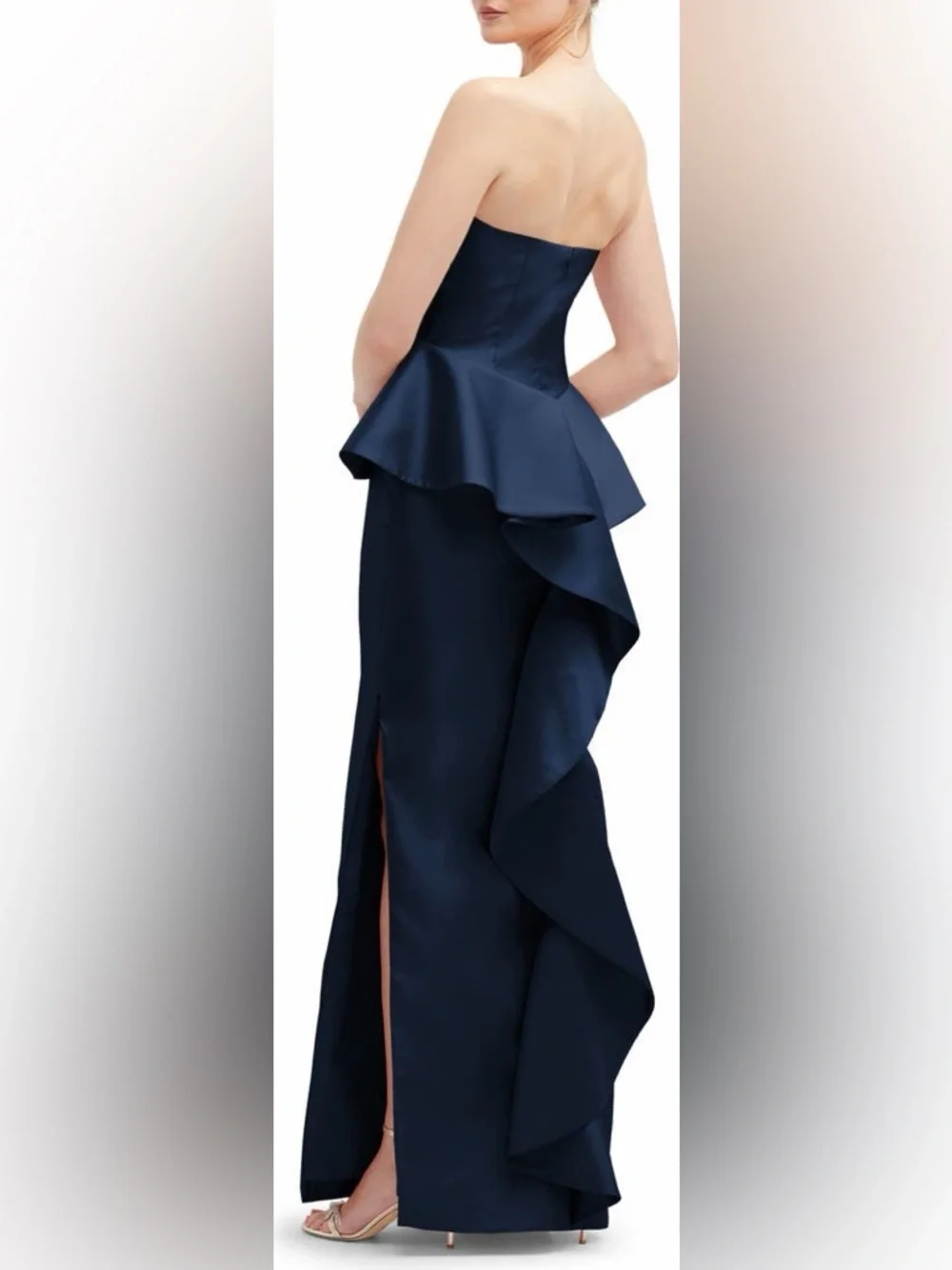 NWT Alfred Sung Strapless Ruffle Peplum Satin Column Gown in Midnight Navy, 2R - Picture 3 of 15